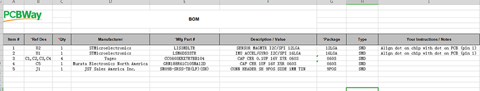 PCBWay Bom template file